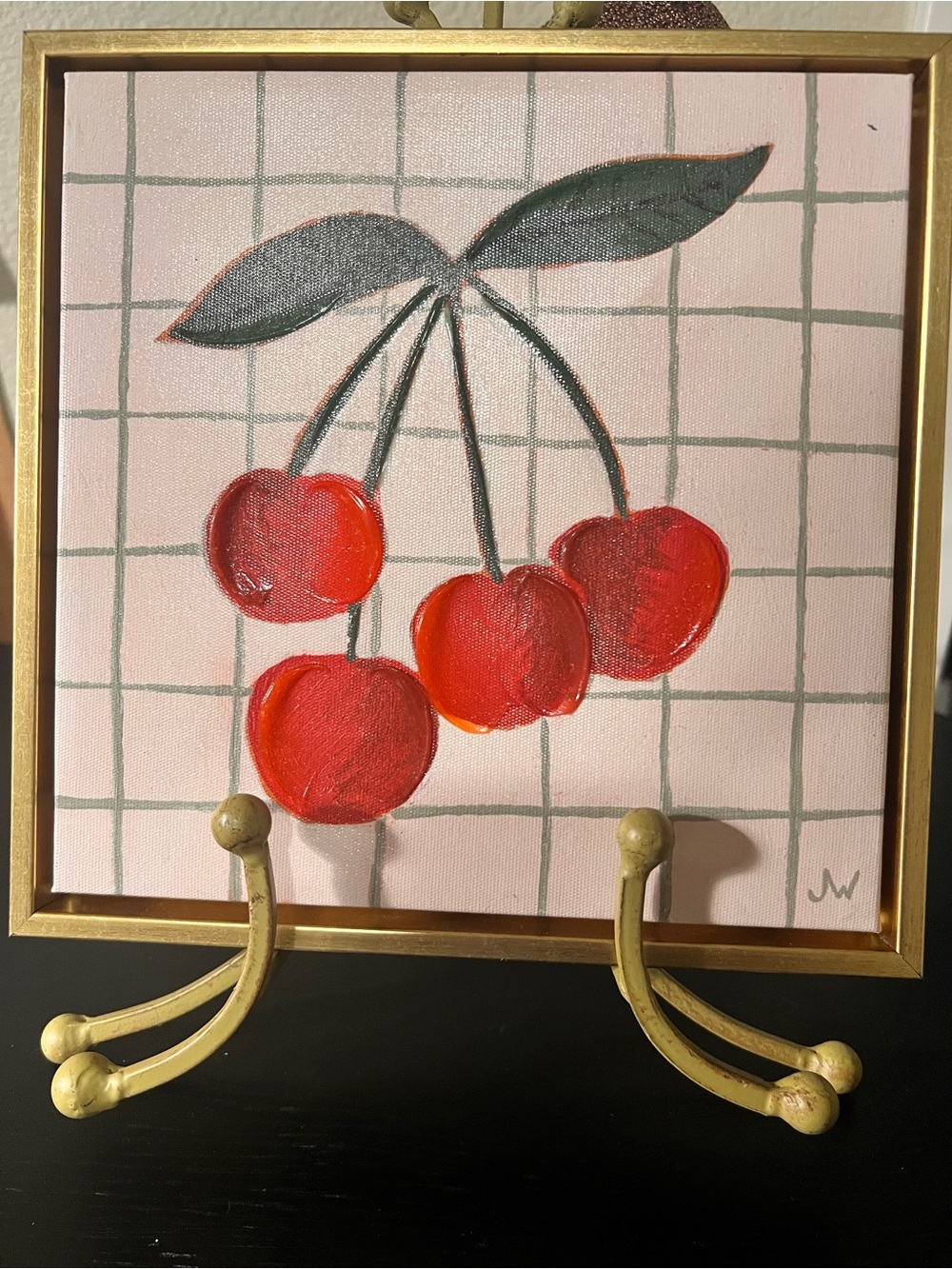Cost Plus World Market Red Cherry Grid Canvas with Gold Frame